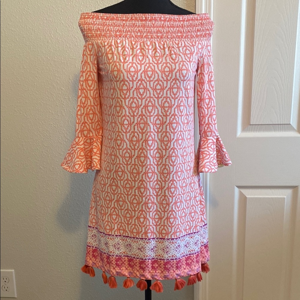 Orange Off-Shoulder Dress with Tassels Cabana life